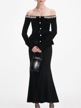 Self-portrait Black Chenille Knit Crystal Trim Midi Dress